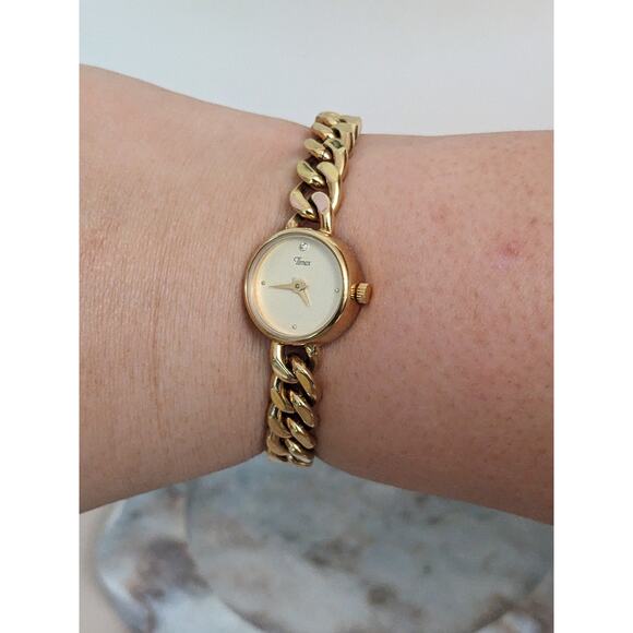 Vintage Timex Gold Tone Quartz Chain Link Watch Round Bezel 6.75in Working - Picture 1 of 9